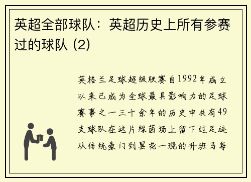 英超全部球队：英超历史上所有参赛过的球队 (2)
